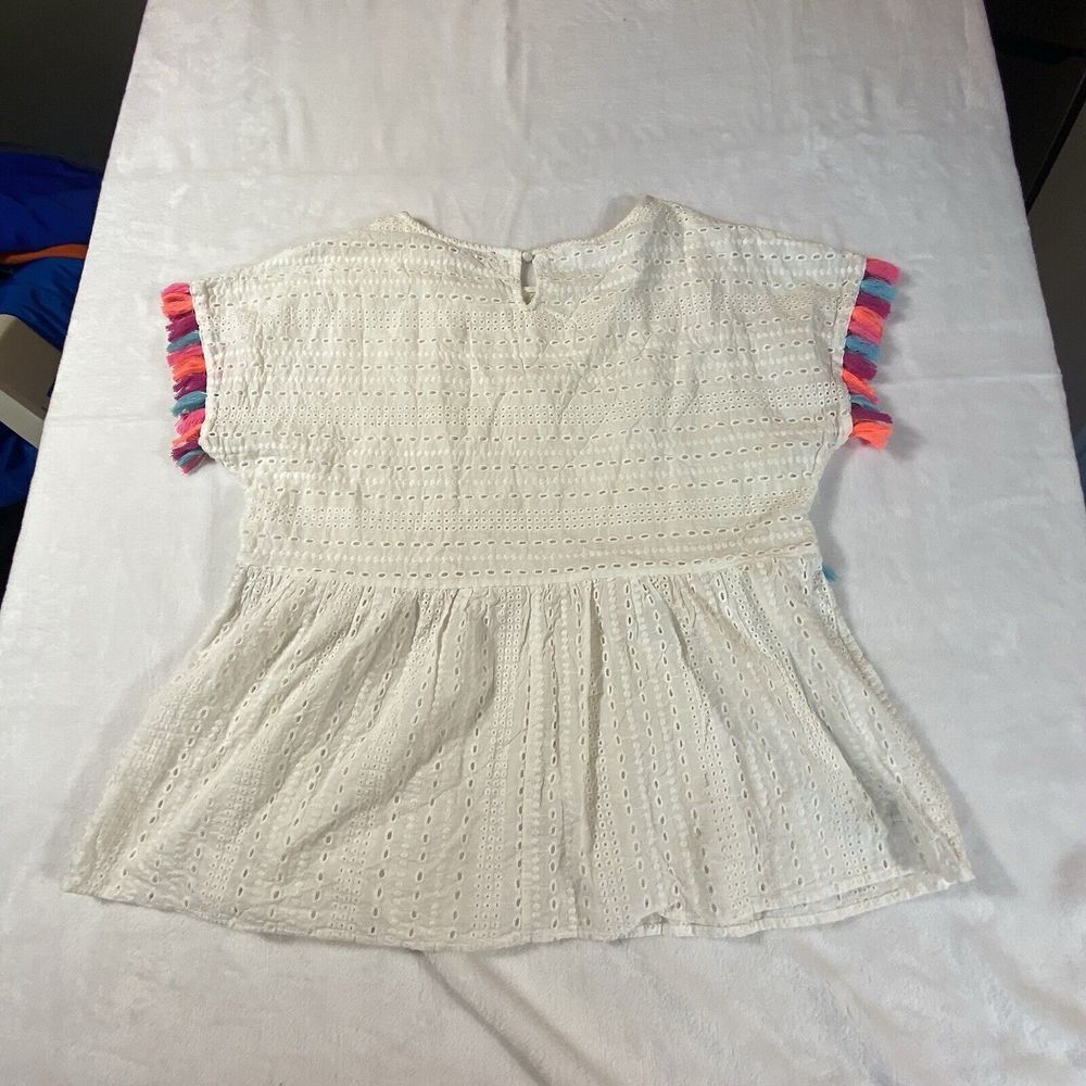 Andree White Babydoll Top Large Eyelet Boho Summer Beach Boutique Tassels Ruffle - Picture 7 of 10